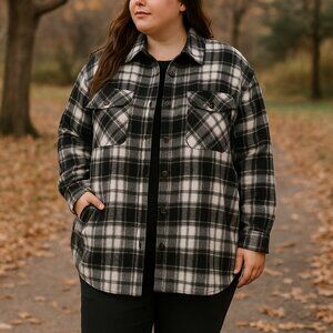 Plus Size Plaid Brushed Shacket Long Sleeve Button Down